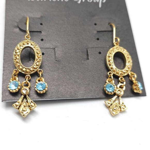 Gold-Tone Oval Dangle Earrings With Blue Rhinestones By Darlene Group - Picture 2 of 4